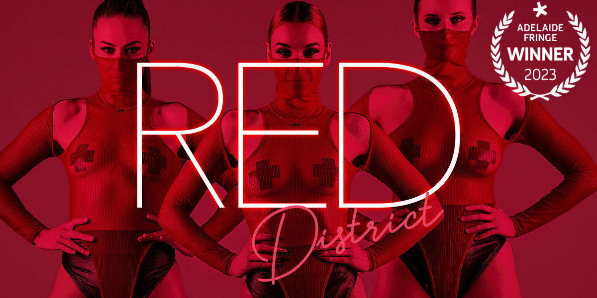 3 Dancers in Red Bodysuits Red District Text