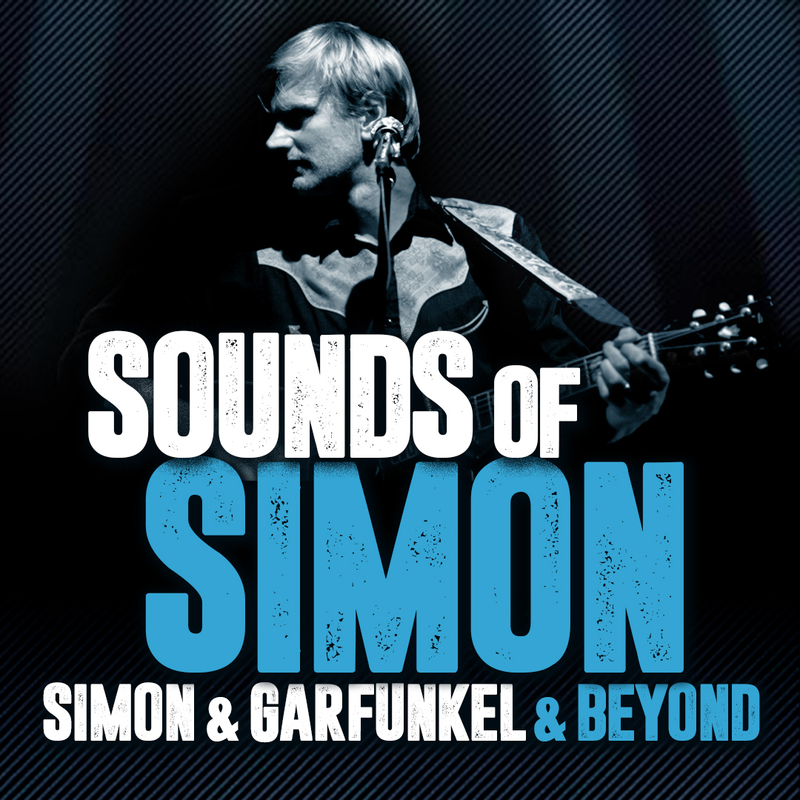 Sounds of Simon logo with image of performer in the background holding his guitar