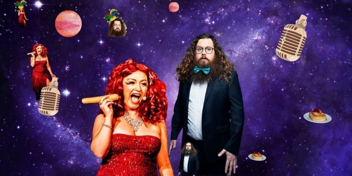 A lady with red curly hair and a red sequin dress holds a giant carrot like a cigar. A bearded man in a suit is with a bow tie in his beard. The galaxy is behind them.