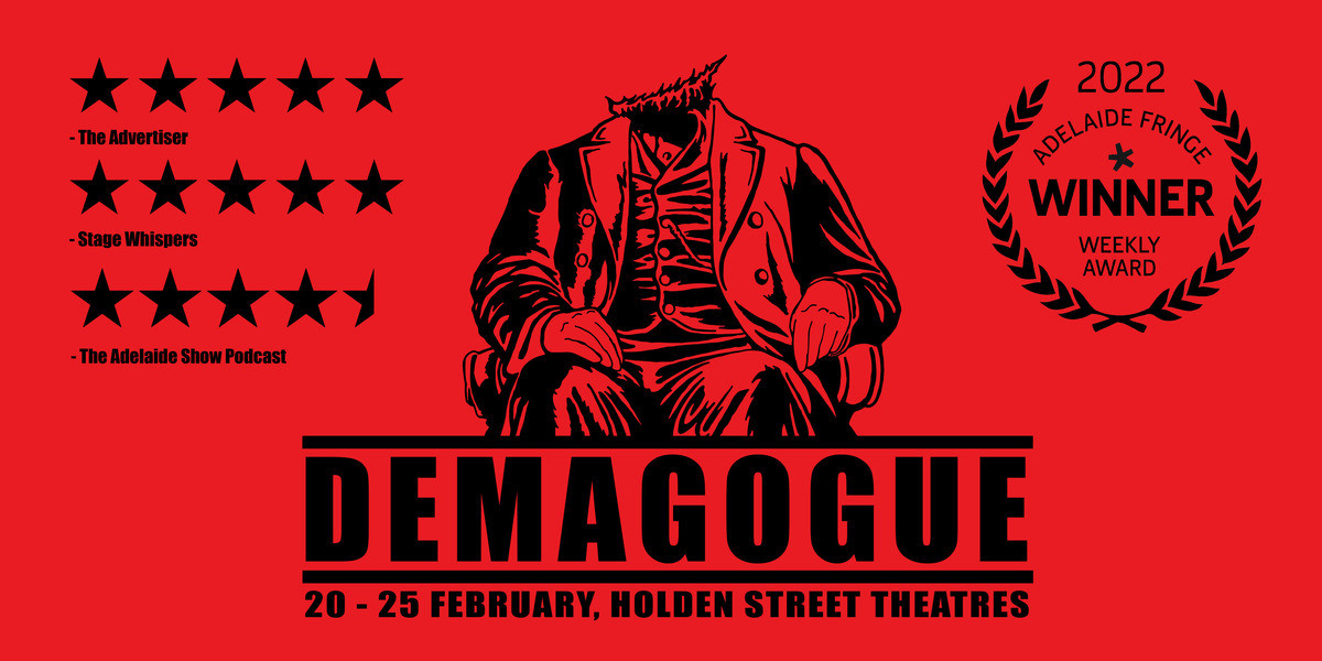 Demagogue - The statue of a lordly man sitting on a chair with a severed head on a red background