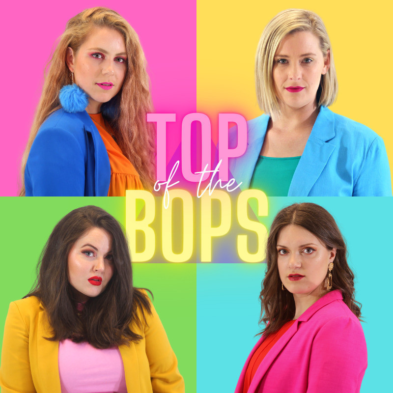 TOP OF THE BOPS - Four women on 4 coloured square backgrounds with TOP of the BOPS written in the centre of the image. Top left square: A woman with red hair, blue pom pom earrings, pink lipstick, orange top and dark blue blazer on a pink background. Top right square: A woman with blonde hair, pink lipstick, green top and light blue blazer on a yellow background. Bottom left square: A woman with brunette hair, red lipstick, pink top and yellow blazer on a green background. Bottom right square: A woman with brunette hair, gold dangly earrings, red top and pink blazer on a blue background.