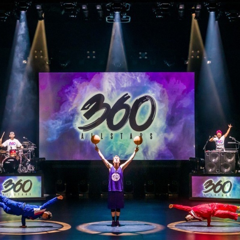 The 360 ALLSTARS on stage with each artist positioned in their own cone of light.