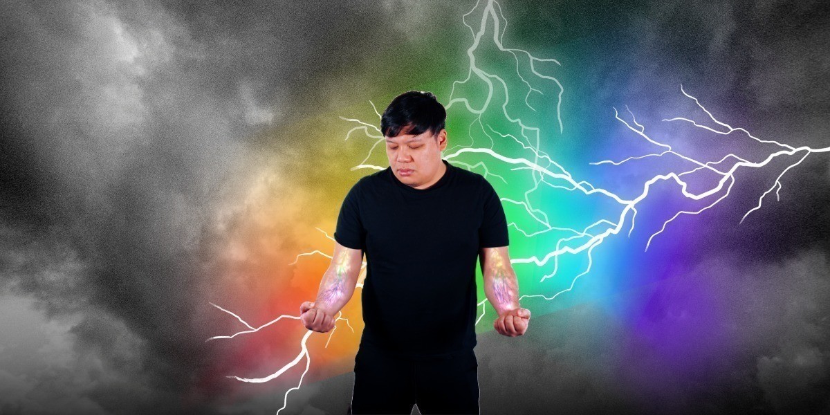 Brendan Goh: People Like Us - Background - lightning in the colours of a rainbow. Brendan is standing in the middle with the same rainbow energy on his veins.