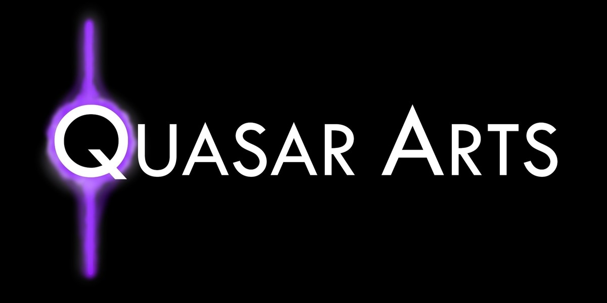 The Quasar Arts logo. The background is black and the logo consists of the words 'Quasar Arts' in white capital letters. There is a purple glow around the letter 'Q' to emulate a quasar.
