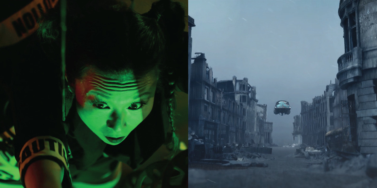 Two square images. The first is a woman's face in dramatic green lighting. The second, an illustrated drab and decrepit city-space, a flying car floats down the street.