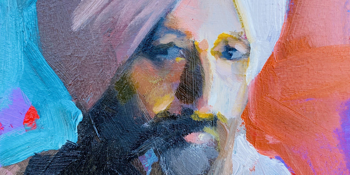 detail of a roughly painted portrait of a Sikh man with a light pink turban