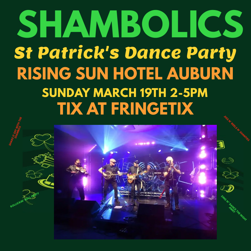 Shambolics - St Patrick's Week End Huge Irish Party (7 Piece Band) - A picture of the Shambolics band performing live on a green poster background