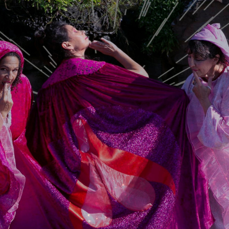 Three brown women stand in front of a natural rock face with some foliage behind them. The women stand close together. On the left is a women dressed in dark pink robes bent forward looking directly at the camera licking her fingers. In the middle is a woman whose body and face is in profile with her chin pointing high to the sky and her right arm bent at the elbow with her fingers on her chin. She displays her cape which has a large pink clitoris sewn into it. The woman to the right of the image is dressed in light pink and is looking considered and delighted look towards the clitoris on the cape.