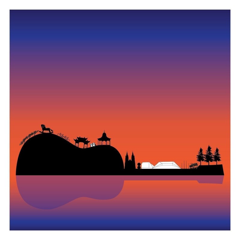 A background of violet starts at the top and blends into orange then back into violet, similar to a sunset colouring. A silhouette of a guitar lies sideways with small silhouettes of iconic South Australian landmarks spread across the curves of the guitar like a small hills. From left to right there is grapevines, the big rocking horse, bicycles, Japanese Garden gates, the pandas from the zoo (Wang Wang and Funi), the pergola on the River Torrens, St Peters cathedral, the malls balls, a white festival centre, football goal posts and some fir trees. The bottom half of the guitar silhouette is a pale purple like it is underwater and the guitar is an island.