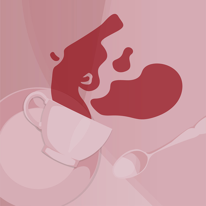 Parlour Games - A graphic illustration of a light pink teacup, saucer and spoon. There is red liquid spilling out of the teacup.