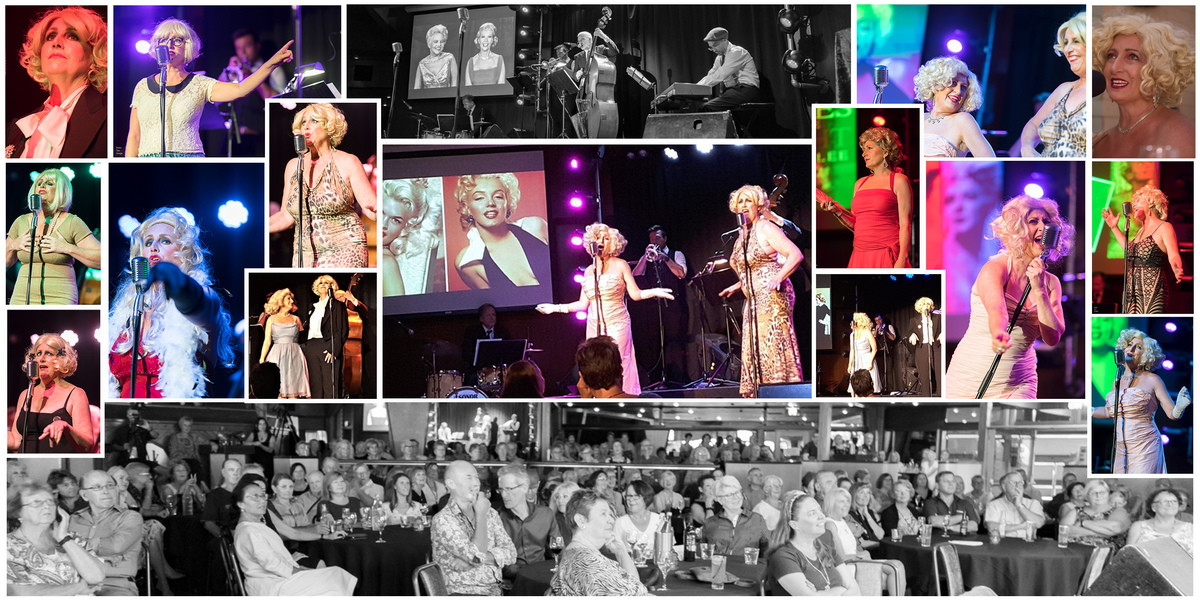 a collage of part middle top long of 4pc band in black and white, a long image black and white of audience right across bottom of image then lots of coloured photographs of two main singers dressed as many of the different blondes on stage from live shows. All pictures have a thin white border.
