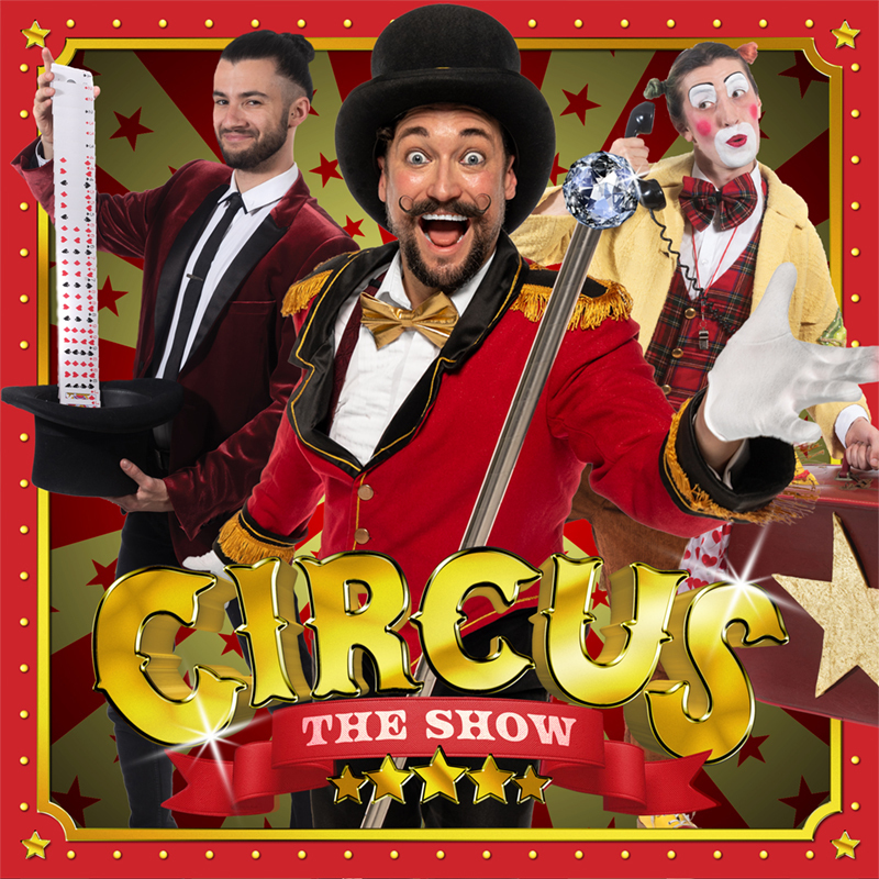 Production Shot of 3 performers on a red and yellow spiral background. Centre performer Ringmaster throwing cane. Left is a Magician holding playing cards. Right is a clown with makeup.
