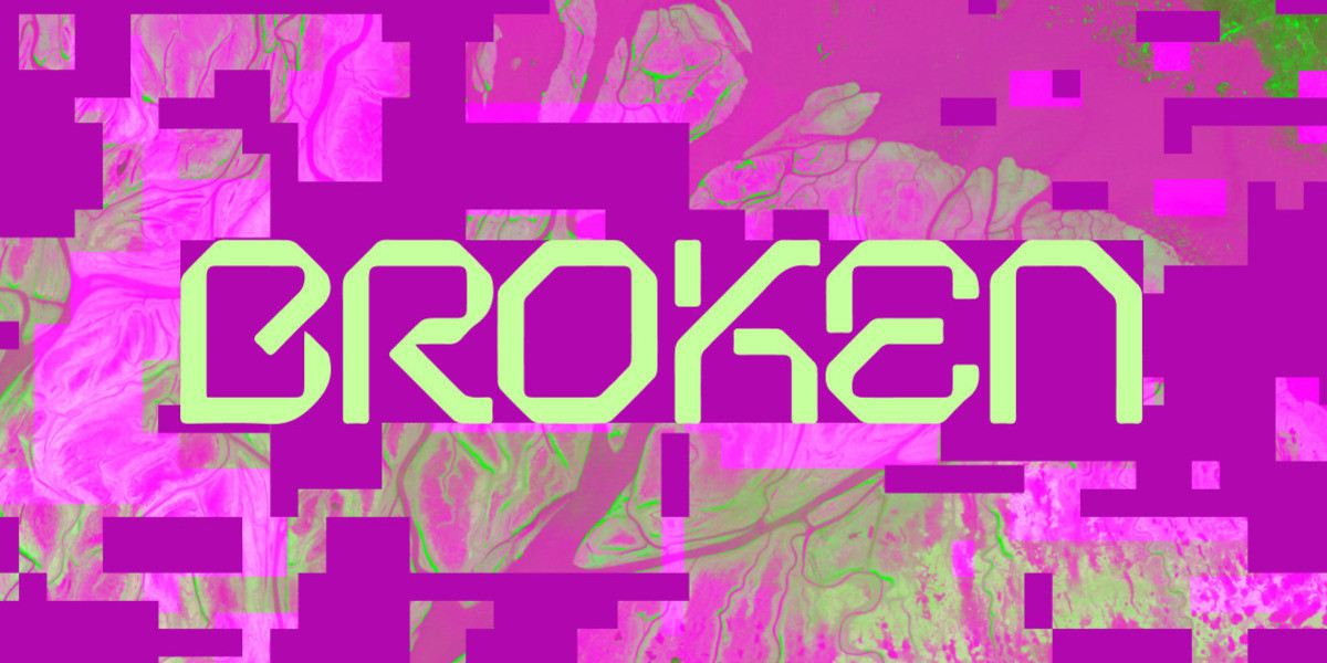 Purple and green pattern with the word BROKEN