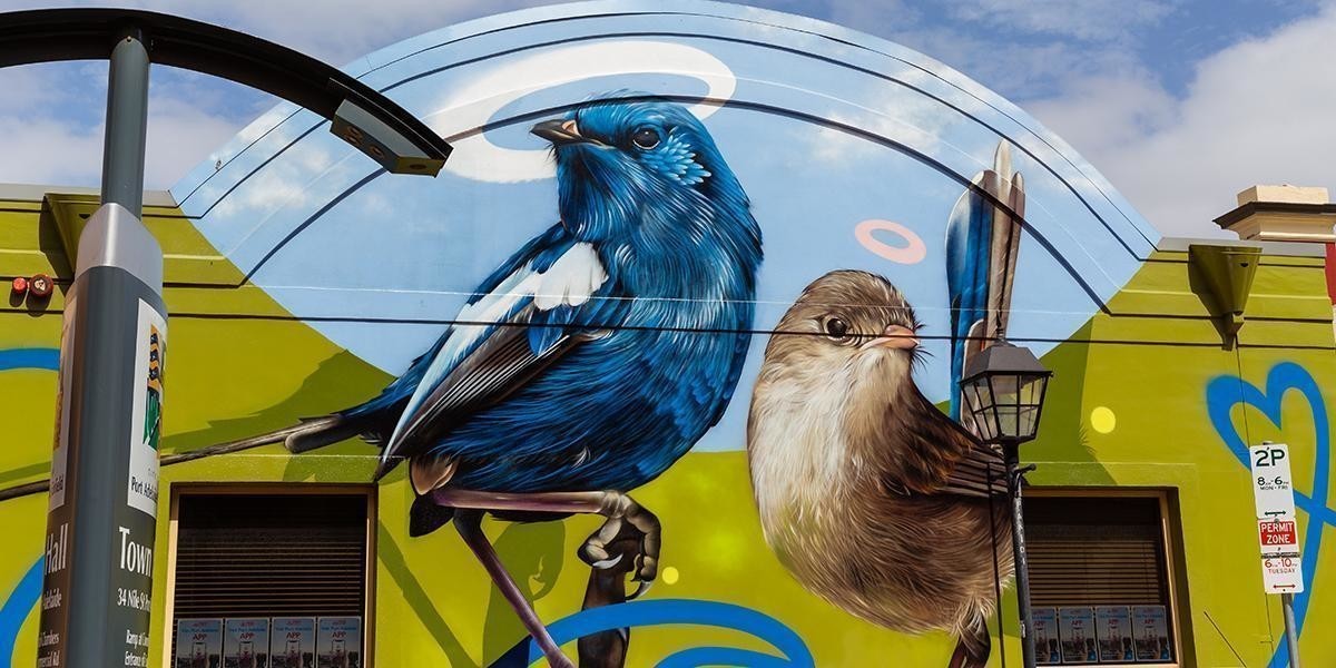 Love Birds by Charles and Janine Williams, artists from New Zealand who painted this mural of Superb Blue Fairy Wrens in 2019. One of the sites to have AR during the Big Picture Series in 2022.