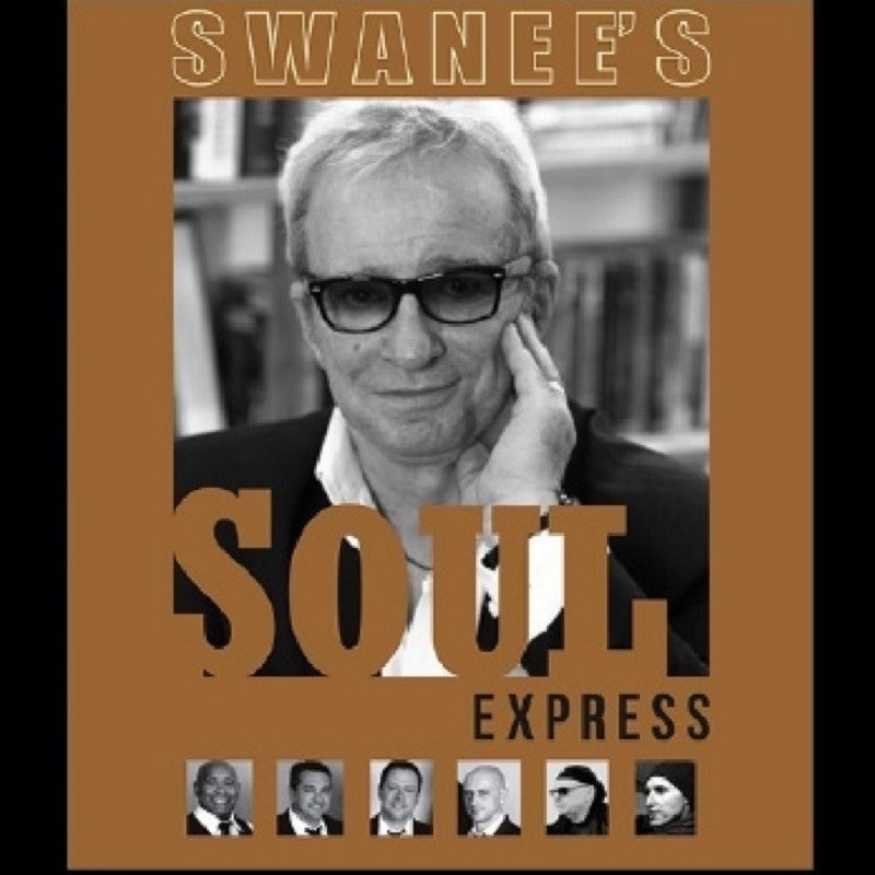 Swanee's Soul Express - A man with black glasses and wearing a suit smiles at the camera, beneath this black and white photo are smaller photos of six band members all in suits and ties. Over the top are the words Swanee Soul Express