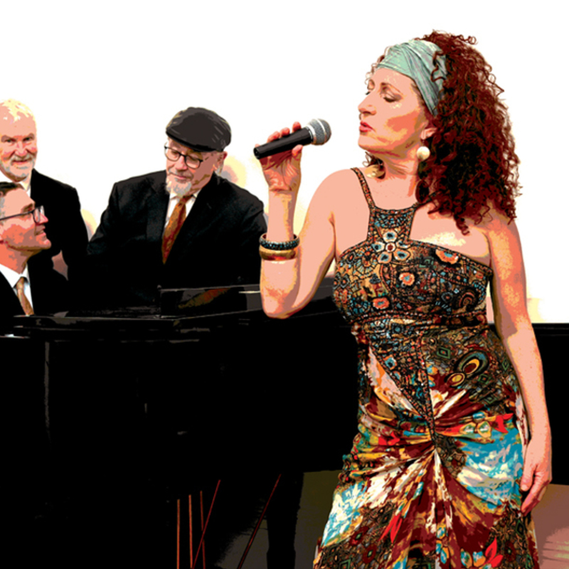 Woman singing, piano and band behind her on white background
