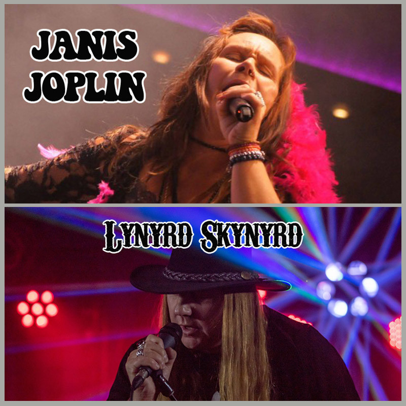 Two photos of a woman and man singing into microphones. The top image is the woman who has long blonde hair and is wearing a pink feather boa. The text on the image reads ‘Janis Joplin’ in a black decorative font. The bottom image is the man who has long blonde hair and is wearing a black cowboy hat, the text reads ‘Lynyrd Skynyrd’ in a black decorative font.