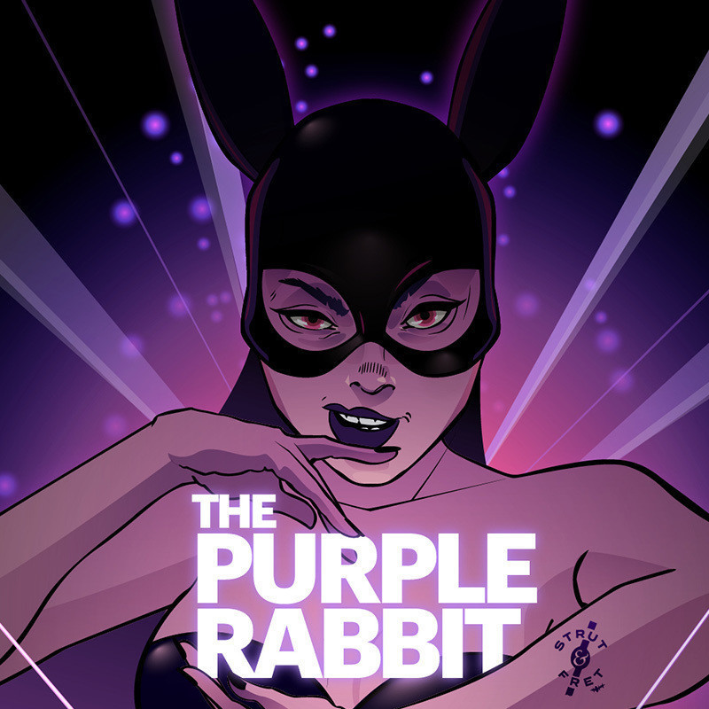 The Purple Rabbit - A drawn image or a female human wearing a mask with rabbit ears, and a bustier, looks out of the frame with a cheeky grin. Underneath her are the words The Purple Rabbit in purple neon lettering.