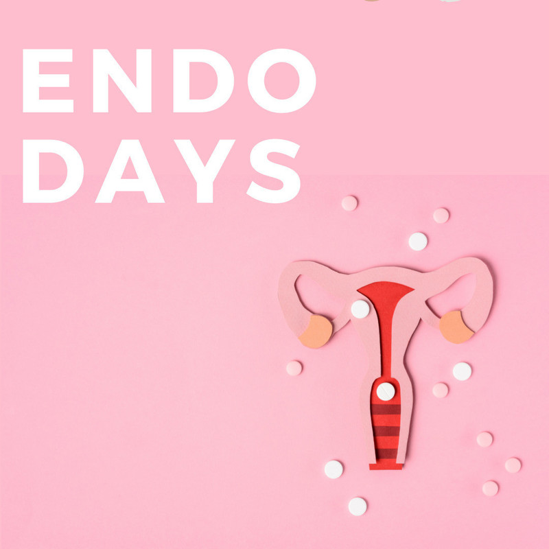 Endo Days - A pale pink background with white text in the top left reading "ENDO DAYS". The bottom right has a pink and red paper cut-out of a female reproductive system, there is a smattering of pink and white spots around and over the cut-out.