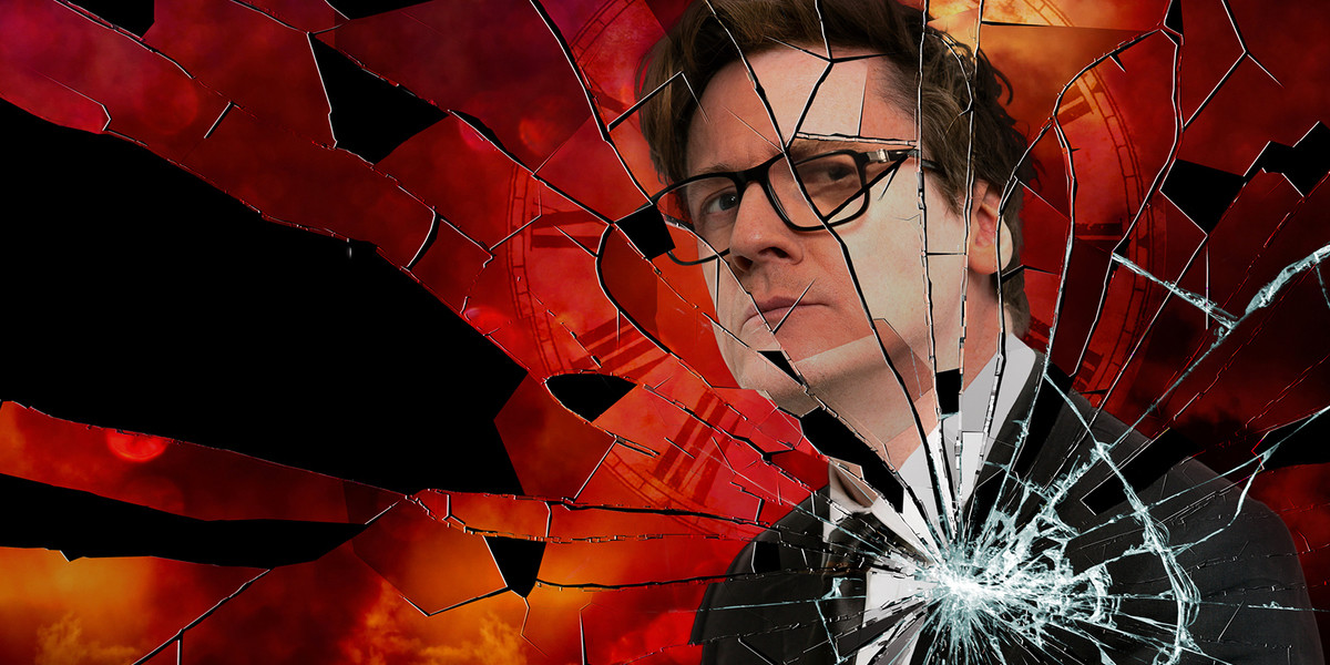 Ed Byrne - Tragedy Plus Time - Man seen behind shattered glass.