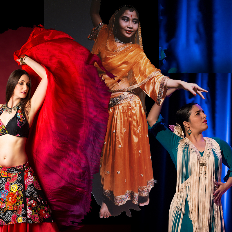 belly dancer, indian dancer and a flamenco dancer