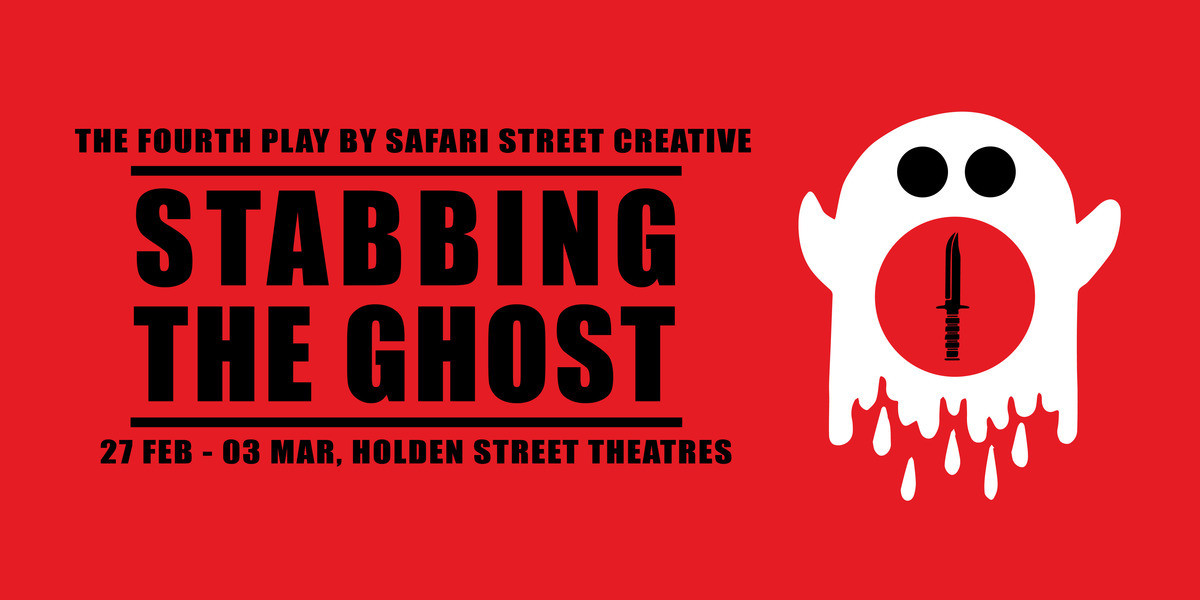 Stabbing The Ghost - A cartoon caricature ghost (sheet with eyeholes) with a hunting knife emblazed on its stomach and hem dripping like blood on a red background.