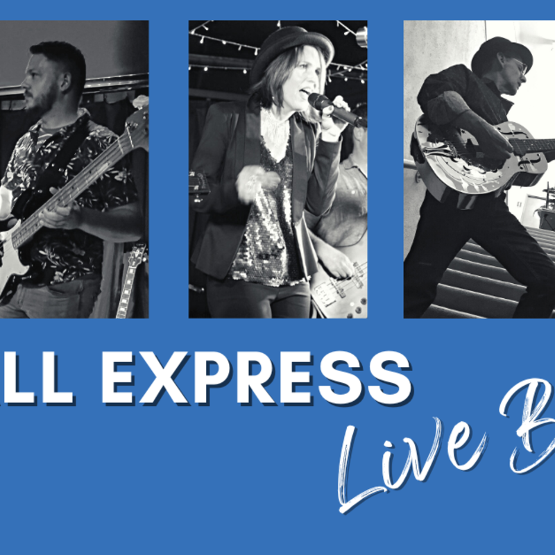 The five members of the Adelaide blues band called the Furball Express are each shown in a panel with a black and white live action photos on a blue background with text to indicate the band's name and that they play live blues music