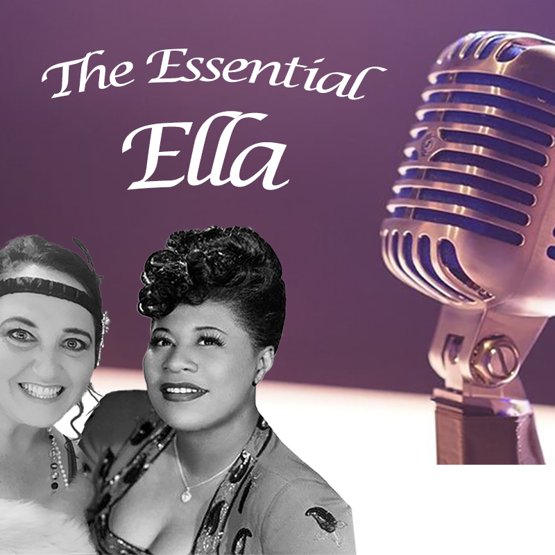 The Essential Ella - Photoshopped image of Helen Marks and Ella Fitzgerald next to a retro microphone.