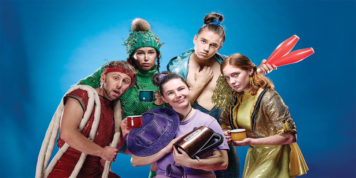 a group of circus performers against a blue background