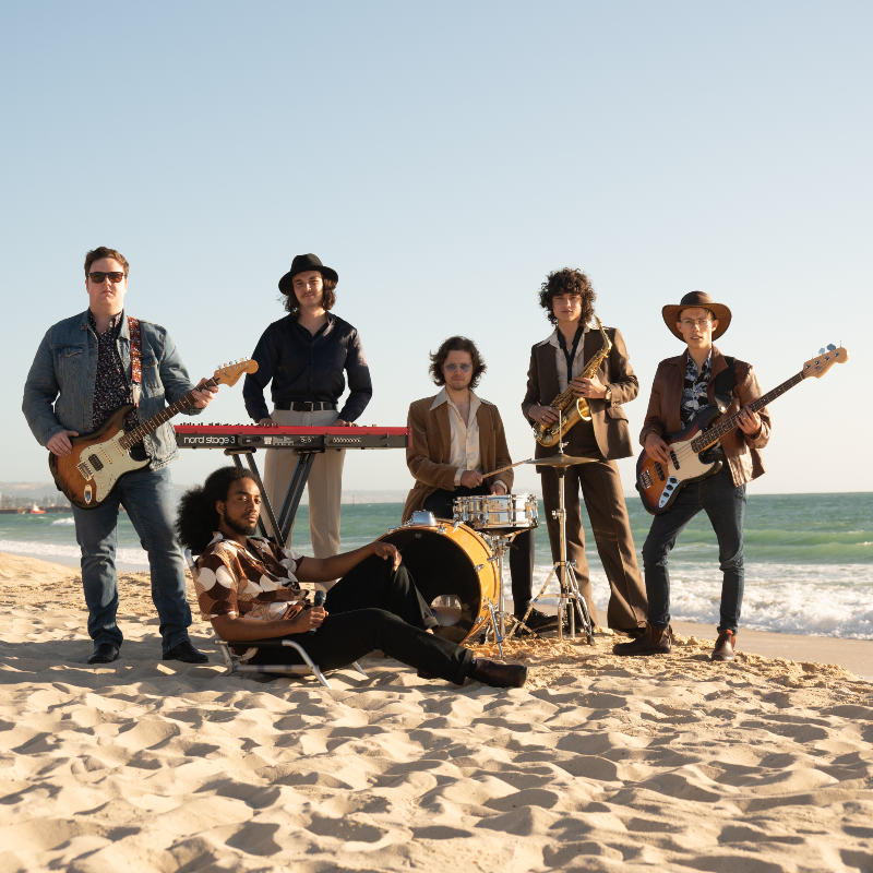 Members of Band Malibu Drive pose with instruments on a beach