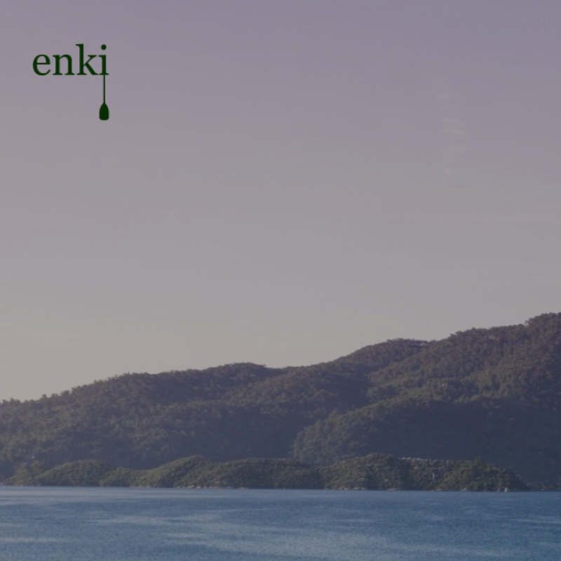 A tree-filled hilly island tapers down to a calm, deep blue sea. The island is backdropped by a clear summer sky and the word enki is in the top left hand corner with the letter 'i' being used to form the handle of a canoe paddle.
