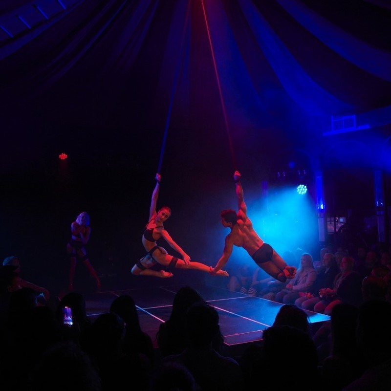 Two cast members of Club D'amour performing on aerial straps with another cast member signing in the background