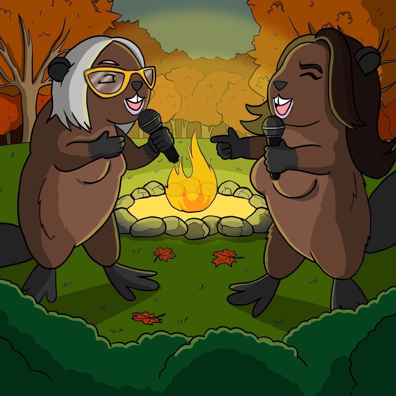 Cartoon drawings of Tor and Gillian as beavers. They have microphones, and are telling stories around a campfire