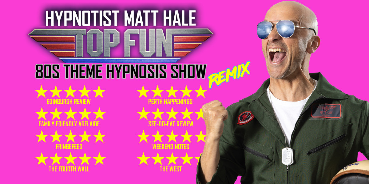 Comedy Hypnotist Matt Hale is dressed in an 80s Top Gun influenced jet fighter pilot outfit in front of 5 star reviews of his 80s themed comedy hypnosis show Top Fun