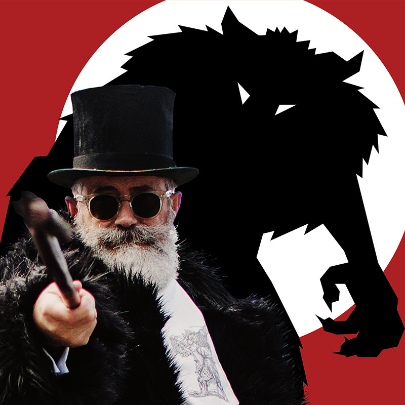 Gentleman in top hat pointing a walking cane behind is a graphical representation of a werewolf and the moon.