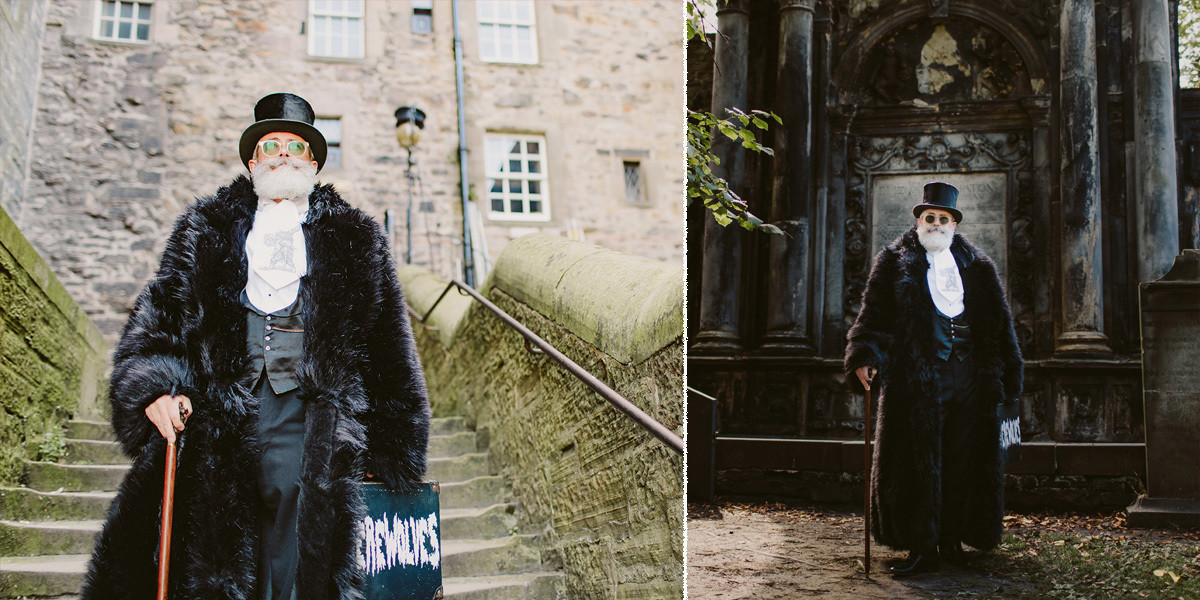 Picture on the left. The Werewolves games master in top hat and fur coat descends a stone staircase from an old stone building.

Picture on the right. The Werewolves games master in top hat and fur coat leans on his walking cane outside a mausoleum in an old graveyard.