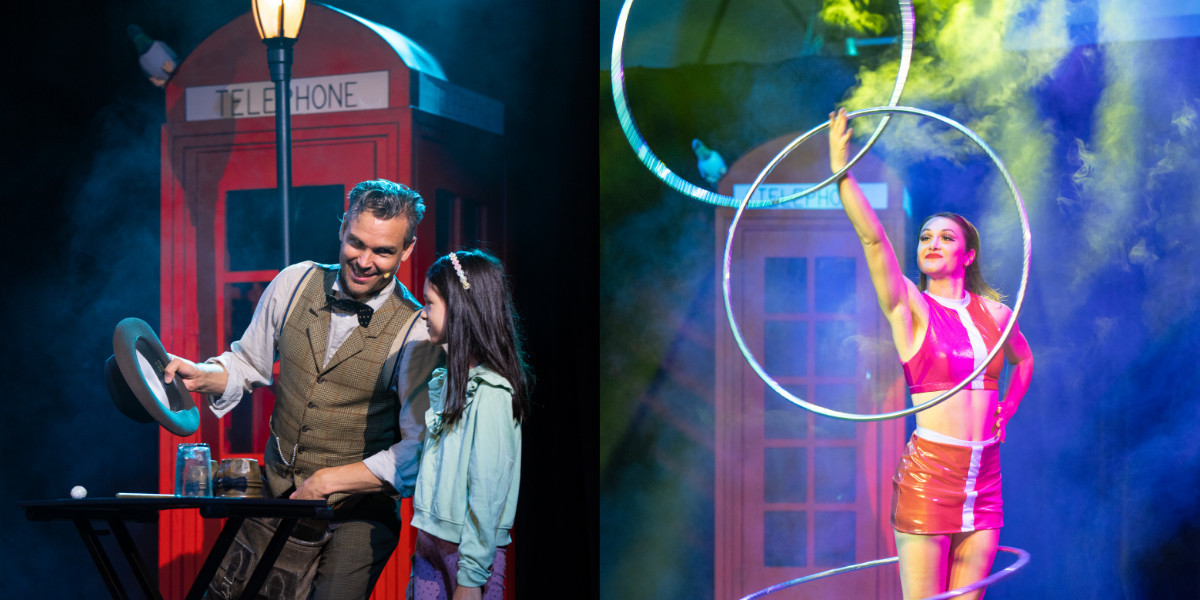 LEFT: A magician speaks to an young audience member onstage / RIGHT: A performer stands with hula hoops