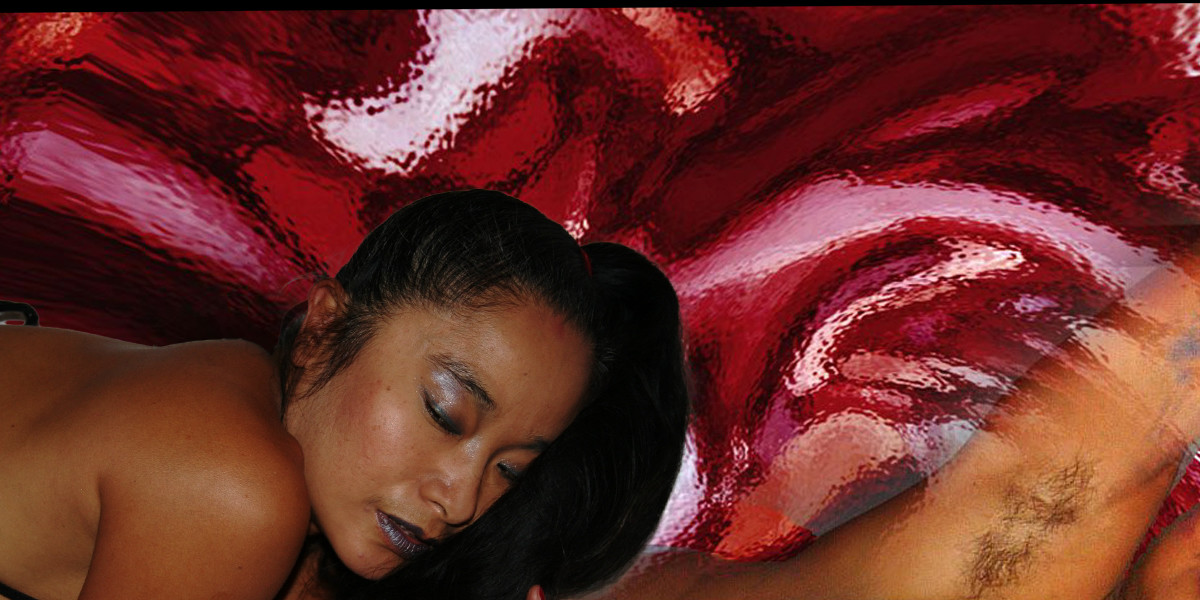 woman lying dreaming of red swirls