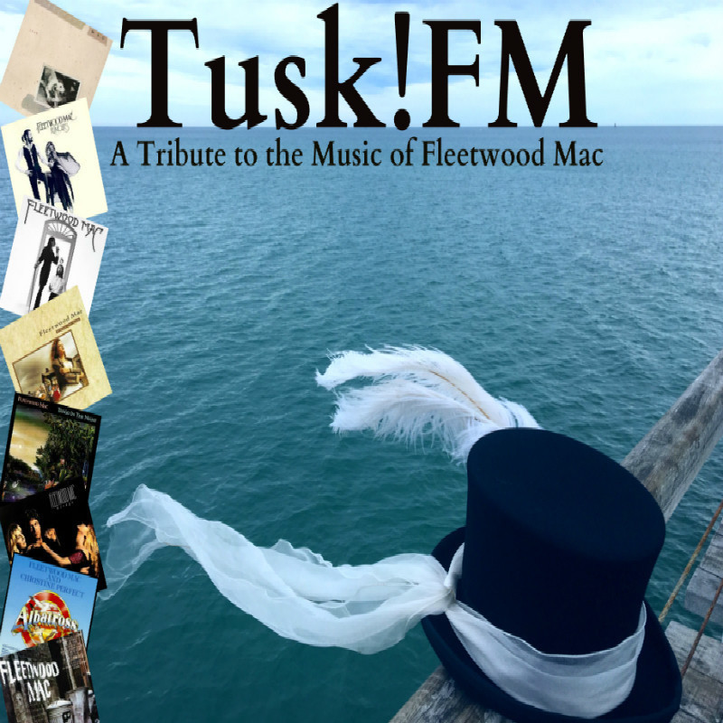 Tusk!FM logo and Top Hat with feathers and scarf blowing in the wind over the ocean.