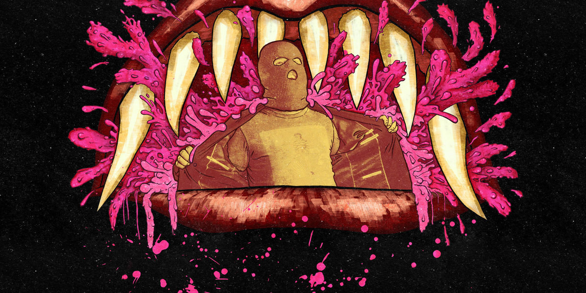 A man in a pink balaclava stands inside a cartoon illustration of a hellish looking mouth.