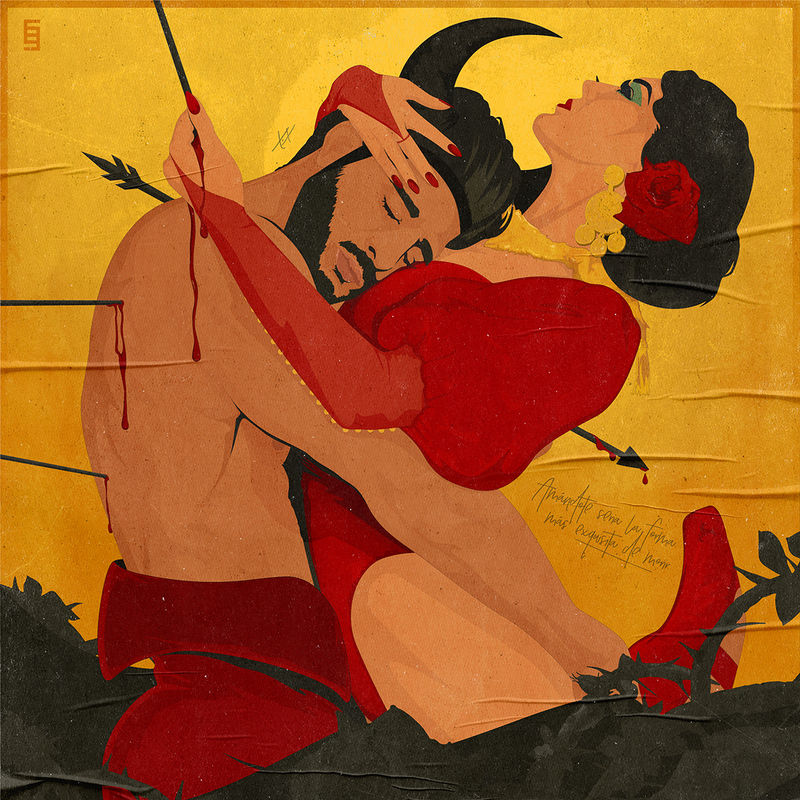 Illustration of the a human representation of a Bull in an embrace with a female Matador against a muted yellow background. She is holding his head to her chest as she digs spears into his back. The blood dripping from his wounds matches the red matador outfit she is wearing and her red ballet pointe shoes. He has his eyes closed with a peaceful expression as he submits to her.