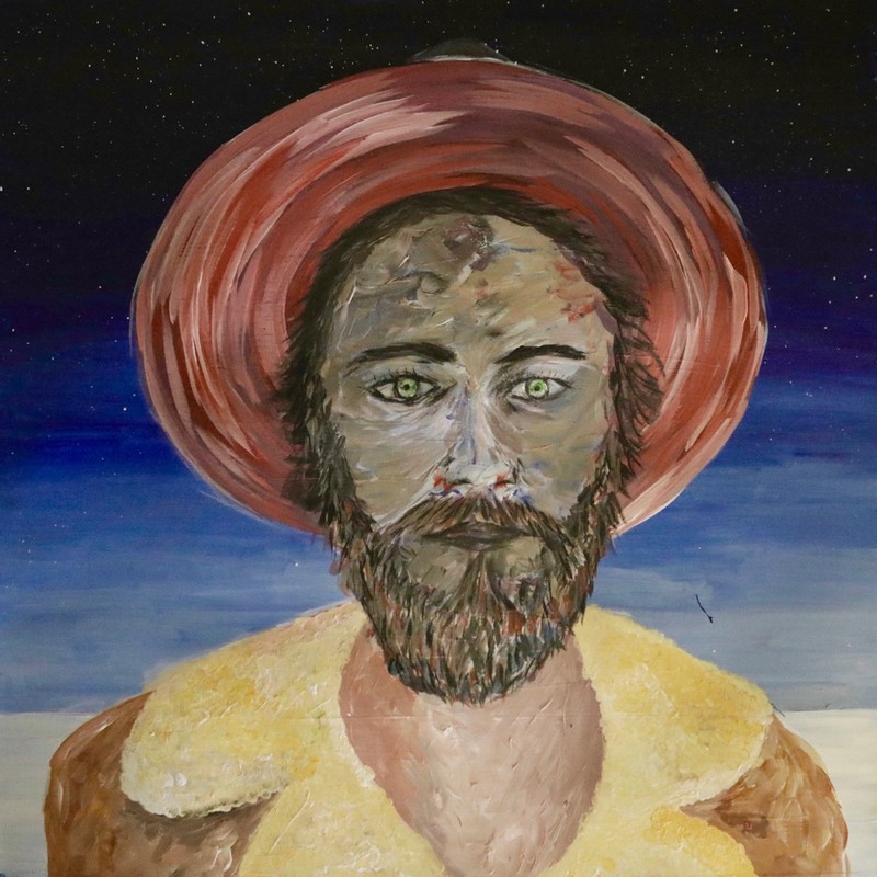 A painting of a man with green eyes, and a brown beard wearing a red hat and yellow top with a blank expression on his face.
