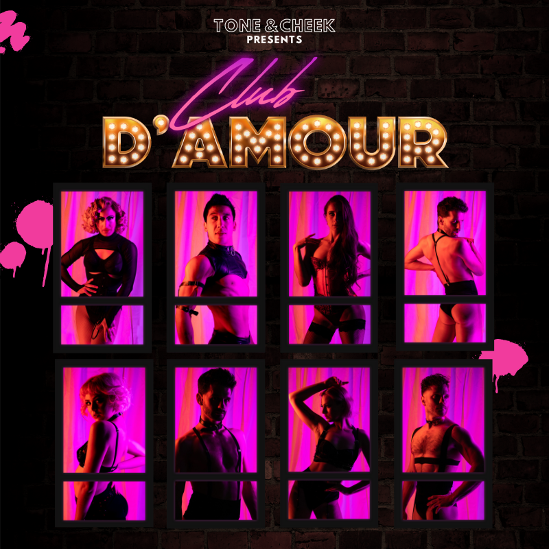 Presented by Tone & Cheek - Club D'amour hero image shows the event logo with eight artists eight windows underneath, each with the silhouette of one of the brothel workers or courtesans.