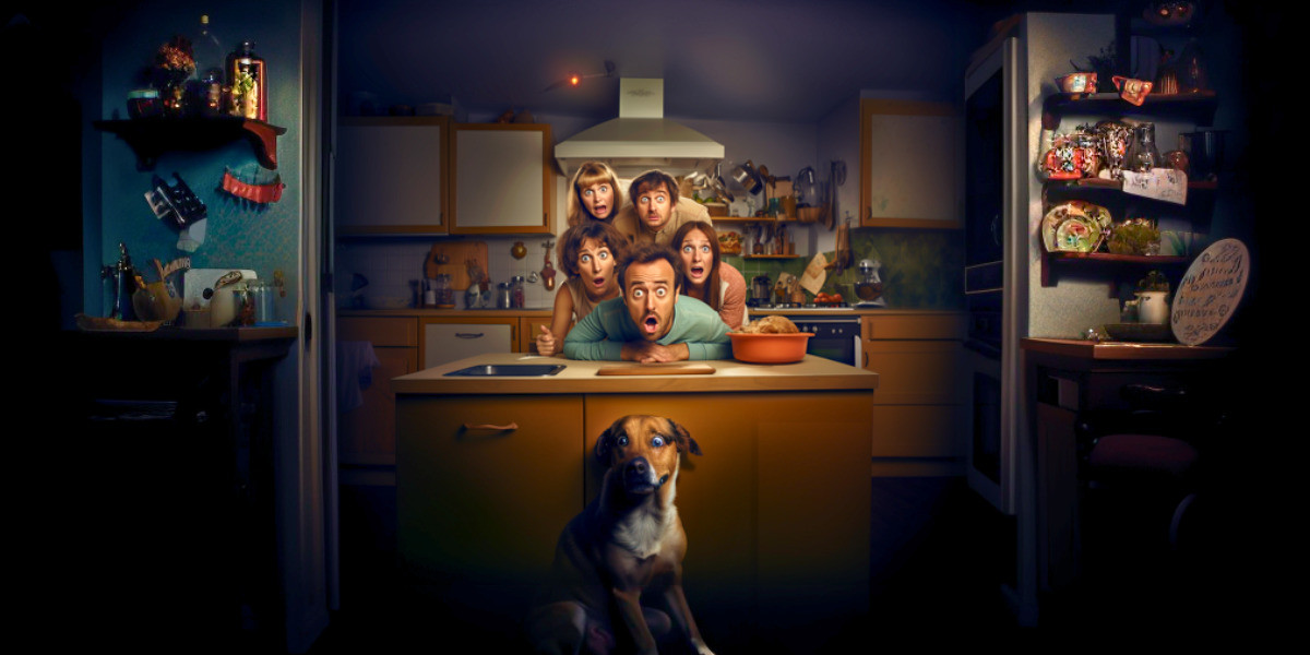 Where's The Dog? - The Williams family are leaning over the kitchen island with shocked faces as their dog Billy, is looking a little guilty in front of the island bench.