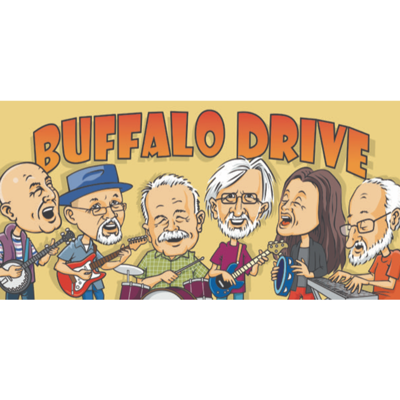 Caricatures of the current Buffalo Drive lineup drawn by Linc Tiver.