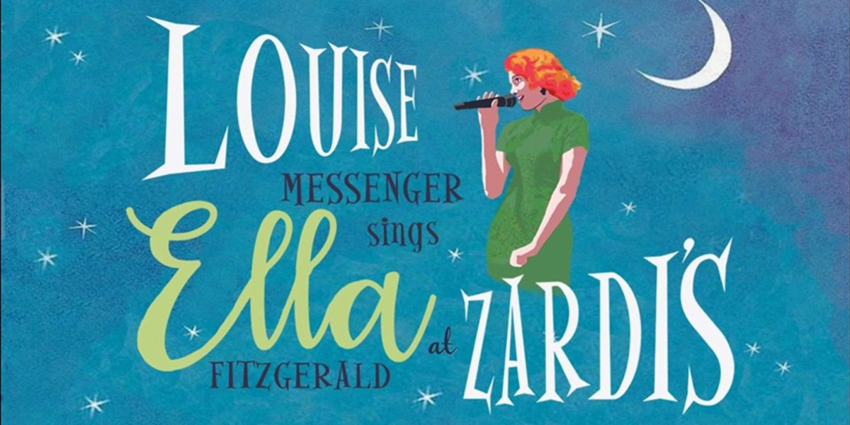 a stylised/cartoonish blue night sky with stars and a crescent moon. A drawing of a singer in a green dress sings into a microphone. The accompaning text says "Louise Messenger Sings Ella At Zardi's"