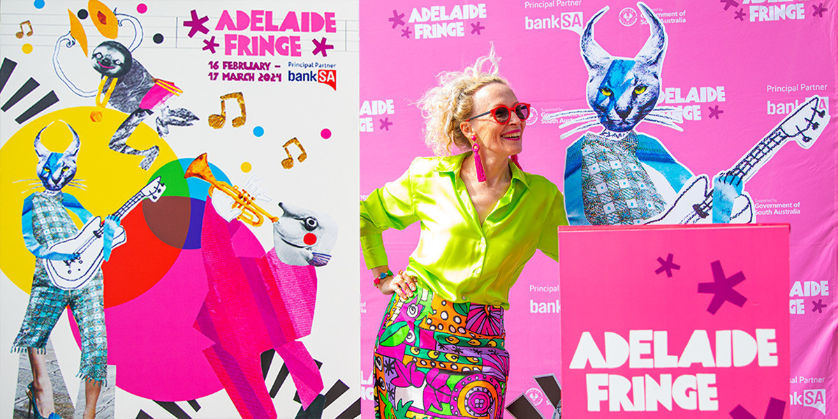 Rebecca Davis the 2024 Adelaide Fringe poster winner is at the centre and she looks to the right at a life size cut out of her Caracal cat character. On the left is the winning poster.