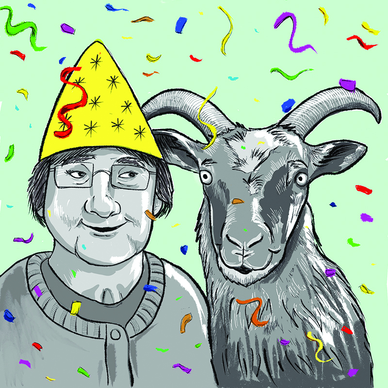 Party for Two - A close up of a goat and and elderly person. The person in wearing a cardigan and a yellow party hat. The characters are looking sideways at each other. They are obviously friends. The background is light green. The figures are drawn in black and white. There are coloured streamers in the foreground.