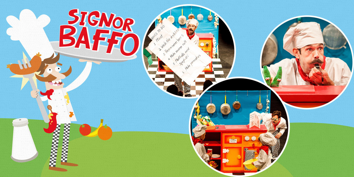 A cartoon chef is holding a tray that says Signor Baffo. There are also three images of a chef performing in a show