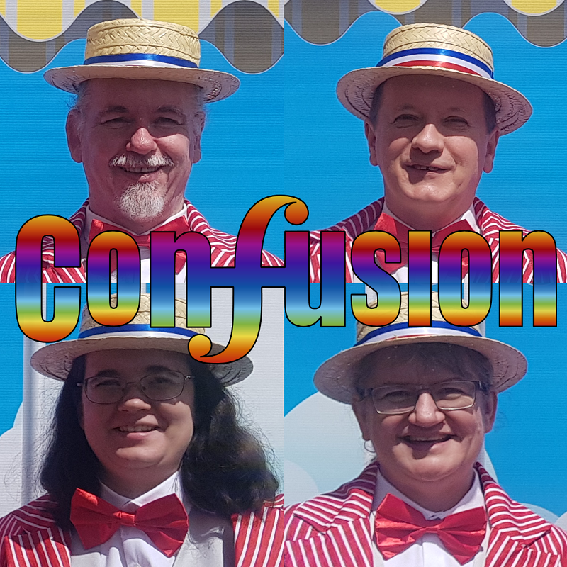 2 x 2 boxes with the face of each member of the quartet in each box. All wearing the same costume; a boater hat, a red bow tie and a red stripy jacket.
